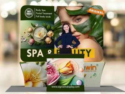 Custom 10x10ft Curved Tabletop Backdrop & Stretch Fit Back-Zippered Table Cover & Podium Tension Fabric Trade Show Display Booth Kit 56