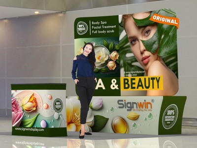 Custom 10x10ft Curved Tabletop Backdrop & Stretch Fit Back-Zippered Table Cover & Podium Tension Fabric Trade Show Display Booth Kit 56