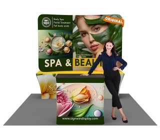 Custom 10x10ft Curved Tabletop Backdrop & Stretch Fit Back-Zippered Table Cover & Podium Tension Fabric Trade Show Display Booth Kit 56