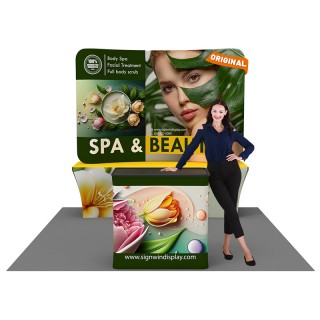 Custom 10x10ft Curved Tabletop Backdrop & Stretch Fit Back-Zippered Table Cover & Podium Tension Fabric Trade Show Display Booth Kit 56