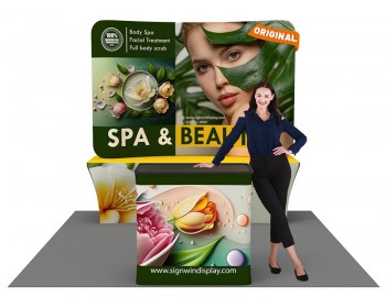 Custom 10x10ft Curved Tabletop Backdrop & Stretch Fit Back-Zippered Table Cover & Podium Tension Fabric Trade Show Display Booth Kit 56