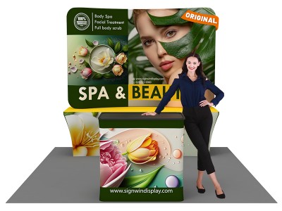 Custom 10x10ft Curved Tabletop Backdrop & Stretch Fit Back-Zippered Table Cover & Podium Tension Fabric Trade Show Display Booth Kit 56