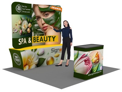 Custom 10x10ft Curved Tabletop Backdrop & Stretch Fit Back-Zippered Table Cover & Podium Tension Fabric Trade Show Display Booth Kit 56