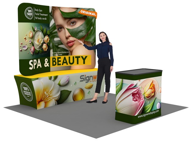 Custom 10x10ft Curved Tabletop Backdrop & Stretch Fit Back-Zippered Table Cover & Podium Tension Fabric Trade Show Display Booth Kit 56