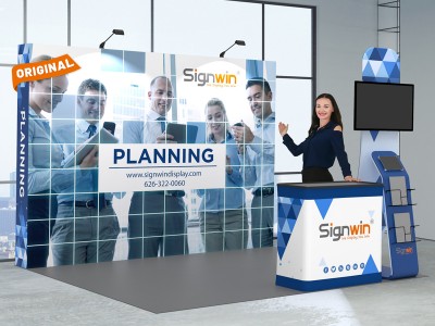 Custom 10x10ft Standard Straight Backwall & Multi-Functional Monitor Media & Case to Podium Pop Up Trade Show Display Booth Kit 57