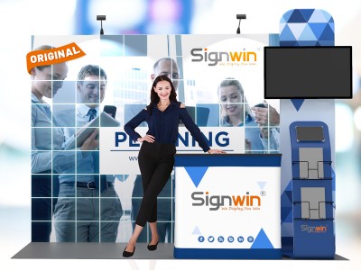 Custom 10x10ft Standard Straight Backwall & Multi-Functional Monitor Media & Case to Podium Pop Up Trade Show Display Booth Kit 57