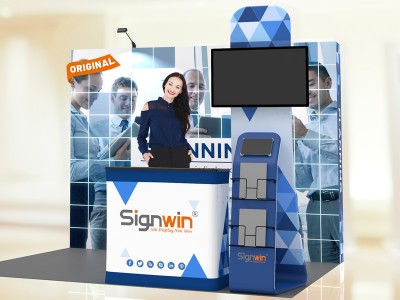 Custom 10x10ft Standard Straight Backwall & Multi-Functional Monitor Media & Case to Podium Pop Up Trade Show Display Booth Kit 57