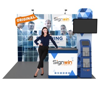 Custom 10x10ft Standard Straight Backwall & Multi-Functional Monitor Media & Case to Podium Pop Up Trade Show Display Booth Kit 57