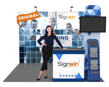 Custom 10x10ft Standard Straight Backwall & Multi-Functional Monitor Media & Case to Podium Pop Up Trade Show Display Booth Kit 57