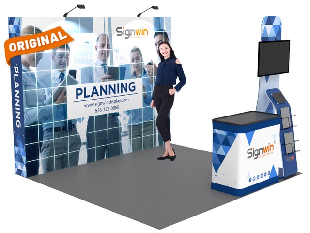 Custom 10x10ft Standard Straight Backwall & Multi-Functional Monitor Media & Case to Podium Pop Up Trade Show Display Booth Kit 57