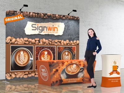 Custom 10x10ft Standard Straight Backwall & 6ft Stretch Zippered-Back Table Throw & Rectangular Display Counter Tension Fabric Trade Show Display Booth Kit 60