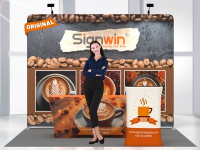 Custom 10x10ft Standard Straight Backwall & 6ft Stretch Zippered-Back Table Throw & Rectangular Display Counter Tension Fabric Trade Show Display Booth Kit 60