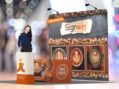 Custom 10x10ft Standard Straight Backwall & 6ft Stretch Zippered-Back Table Throw & Rectangular Display Counter Tension Fabric Trade Show Display Booth Kit 60