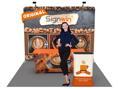 Custom 10x10ft Standard Straight Backwall & 6ft Stretch Zippered-Back Table Throw & Rectangular Display Counter Tension Fabric Trade Show Display Booth Kit 60