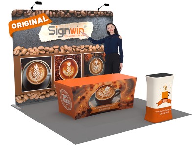 Custom 10x10ft Standard Straight Backwall & 6ft Stretch Zippered-Back Table Throw & Rectangular Display Counter Tension Fabric Trade Show Display Booth Kit 60