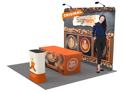 Custom 10x10ft Standard Straight Backwall & 6ft Stretch Zippered-Back Table Throw & Rectangular Display Counter Tension Fabric Trade Show Display Booth Kit 60