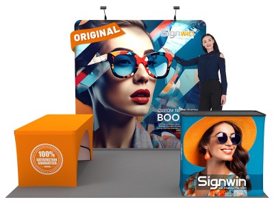 Custom 8ft Standard Flat Backwall & 6ft Stretch Open-Back Table Cover & Case to Podium Tension Fabric Trade Show Display Booth Kit 61