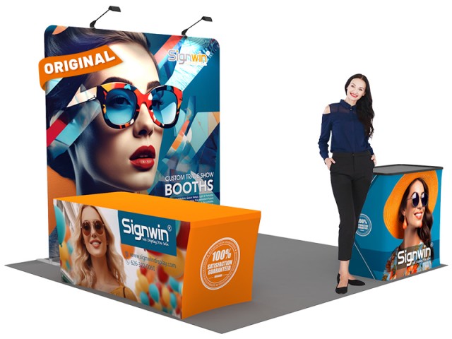 Custom 8ft Standard Flat Backwall & 6ft Stretch Open-Back Table Cover & Case to Podium Tension Fabric Trade Show Display Booth Kit 61