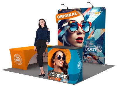 Custom 8ft Standard Flat Backwall & 6ft Stretch Open-Back Table Cover & Case to Podium Tension Fabric Trade Show Display Booth Kit 61