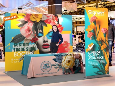 Custom 10ft Standard Flat Backwall & 6ft Loose Full Color Table Cover & Custom 3ft Flat Backwall Tension Fabric Trade Show Display Booth Kit 62