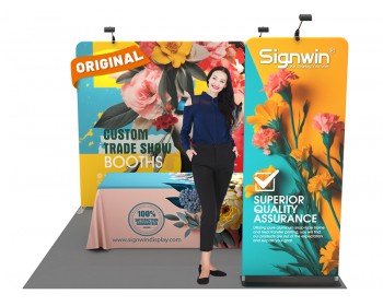 Custom 10ft Standard Flat Backwall & 6ft Loose Full Color Table Cover & Custom 3ft Flat Backwall Tension Fabric Trade Show Display Booth Kit 62