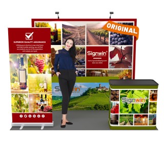 Custom 10x10ft Standard Straight Backwall & Roll Up Banner Stand & 6ft Stretch Open-Back Table Cover & Case to Podium Pop Up Trade Show Booth Kit 63