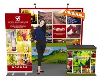 Custom 10x10ft Standard Straight Backwall & Roll Up Banner Stand & 6ft Stretch Open-Back Table Cover & Case to Podium Pop Up Trade Show Booth Kit 63