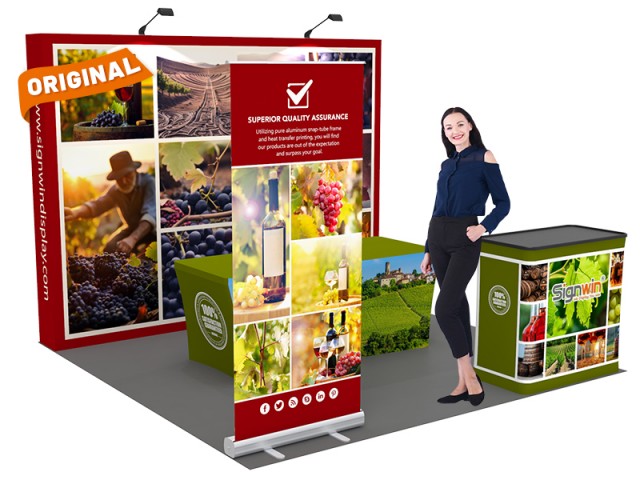 Custom 10x10ft Standard Straight Backwall & Roll Up Banner Stand & 6ft Stretch Open-Back Table Cover & Case to Podium Pop Up Trade Show Booth Kit 63