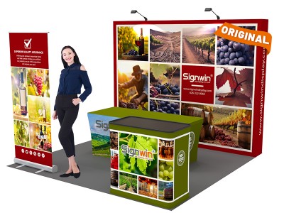 Custom 10x10ft Standard Straight Backwall & Roll Up Banner Stand & 6ft Stretch Open-Back Table Cover & Case to Podium Pop Up Trade Show Booth Kit 63