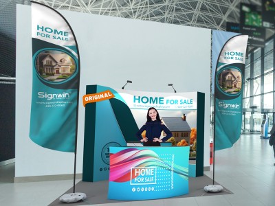 Custom 10x10ft Standard Curved Backdrop & Straight Feather Flag & 5ft Show Reception Desk & Case to Podium Pop Up Trade Show Display Booth Kit 64