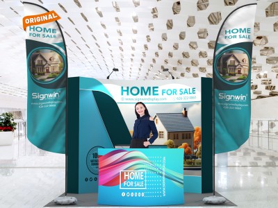 Custom 10x10ft Standard Curved Backdrop & Straight Feather Flag & 5ft Show Reception Desk & Case to Podium Pop Up Trade Show Display Booth Kit 64