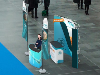 Custom 10x10ft Standard Curved Backdrop & Straight Feather Flag & 5ft Show Reception Desk & Case to Podium Pop Up Trade Show Display Booth Kit 64