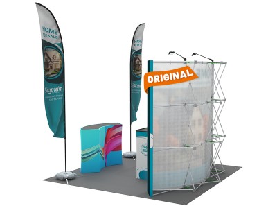 Custom 10x10ft Standard Curved Backdrop & Straight Feather Flag & 5ft Show Reception Desk & Case to Podium Pop Up Trade Show Display Booth Kit 64