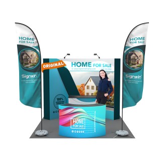 Custom 10x10ft Standard Curved Backdrop & Straight Feather Flag & 5ft Show Reception Desk & Case to Podium Pop Up Trade Show Display Booth Kit 64