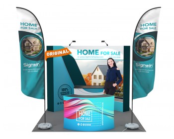 Custom 10x10ft Standard Curved Backdrop & Straight Feather Flag & 5ft Show Reception Desk & Case to Podium Pop Up Trade Show Display Booth Kit 64