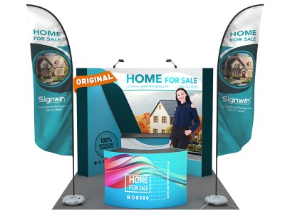 Custom 10x10ft Standard Curved Backdrop & Straight Feather Flag & 5ft Show Reception Desk & Case to Podium Pop Up Trade Show Display Booth Kit 64