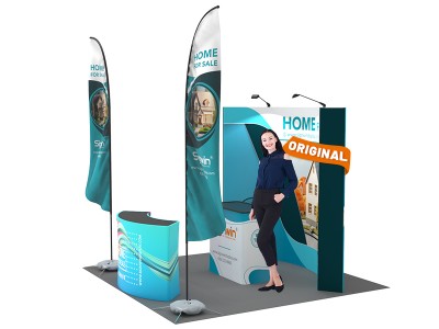 Custom 10x10ft Standard Curved Backdrop & Straight Feather Flag & 5ft Show Reception Desk & Case to Podium Pop Up Trade Show Display Booth Kit 64