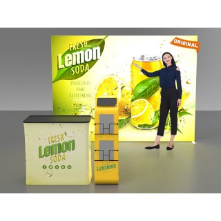 Custom 10x10ft Ultralit SEG Lightbox & iPad Literature Banner Stand & Case to Podium Tension Fabric SEG Standard Booth 01