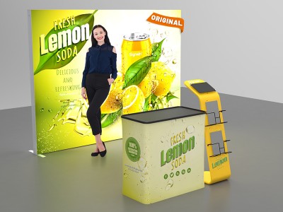 Custom 10x10ft Ultralit SEG Lightbox & iPad Literature Banner Stand & Case to Podium Tension Fabric SEG Standard Booth 01