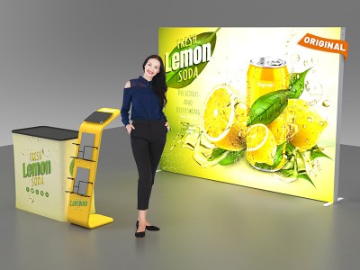 Custom 10x10ft Ultralit SEG Lightbox & iPad Literature Banner Stand & Case to Podium Tension Fabric SEG Standard Booth 01