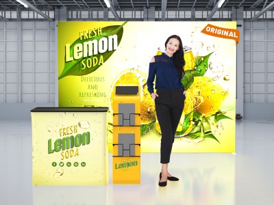 Custom 10x10ft Ultralit SEG Lightbox & iPad Literature Banner Stand & Case to Podium Tension Fabric SEG Standard Booth 01