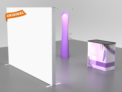 Custom 10x10ft Ultralit SEG Lightbox & Curved Top Banner Stand & Case to Podium Tension Fabric SEG Standard Booth 02