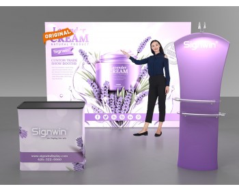 Custom 10x10ft Ultralit SEG Lightbox & Curved Top Banner Stand & Case to Podium Tension Fabric SEG Standard Booth 02