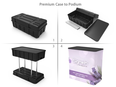 Custom 10x10ft Ultralit SEG Lightbox & Curved Top Banner Stand & Case to Podium Tension Fabric SEG Standard Booth 02