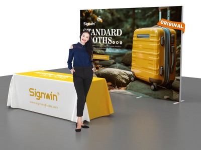 Custom 10x10ft Standard Easystem SEG Backwall & 6ft Loose Table Throw Printed SEG Trade Show Display Booth Kit 04