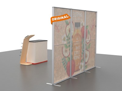 Custom 10x10ft Standard Easystem SEG Backwall & Curved Top Stand with Arm Shelves & Podium SEG Trade Show Booth Kit 07