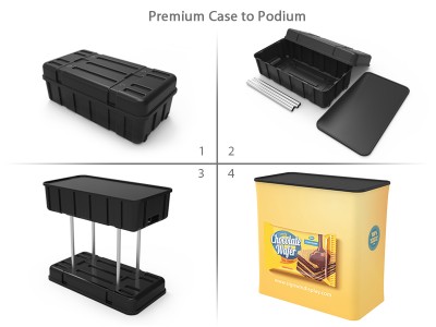 Custom 10x10ft Standard Easystem SEG Backwall & Curved Top Stand with Arm Shelves & Podium SEG Trade Show Booth Kit 07