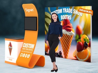 Custom 10x10ft Easystem SEG & Snakelike Monitor Tension Fabric Banner Stand & Case to Podium  SEG Standard Booth 08