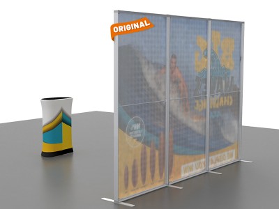 Custom 10x10ft Easystem SEG & Trapezoid Display Counter with Designed Graphic Tension Fabric SEG Standard Booth 09