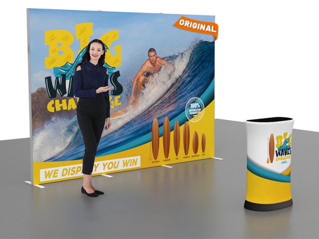 Custom 10x10ft Easystem SEG & Trapezoid Display Counter with Designed Graphic Tension Fabric SEG Standard Booth 09